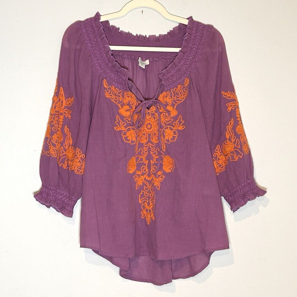 Sundance Embroidered Boho Peasant Blouse Womens XS Purple Orange Cotton Tunic